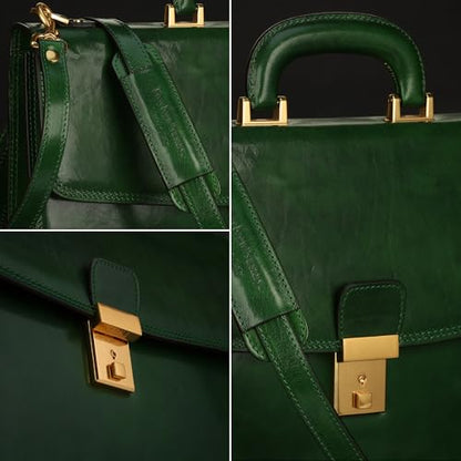 Time Resistance Leather Briefcase - Italian Handmade Leather Laptop Bag - Handbag for Men - Professional Computer Case - color: Green
