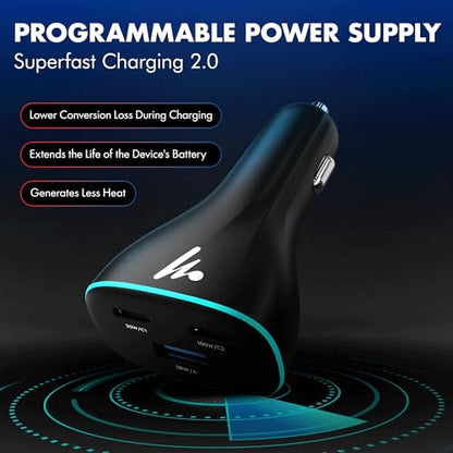 PD 130W Superfast Charging 2.0 Wozoyo Car Charger, with 2XType C & USB-A, PPS & QC 3.0, Triple Port (100W + 30W + 18W), 12V–24V Compatible, Multi-Layer Protection, 2-Years Manufacturer Warranty