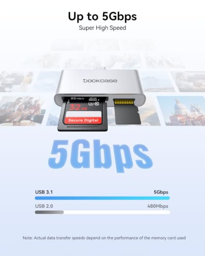 DOCKCASE USB-C SD Card Reader for iPhone 17/16/15 Series, Dual Slot USB 3.0 SD & microSD Card Adapter, Up to 170MB/s, Simultaneous Card Access for Camera, Drone, iPad Pro, MacBook & Android (Silver) - color: Silver