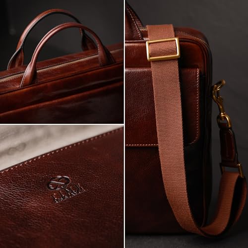 Time Resistance Leather Briefcase - Italian Handmade Leather Laptop Bag - Handbag for Men - Professional Computer Case - color: Brown