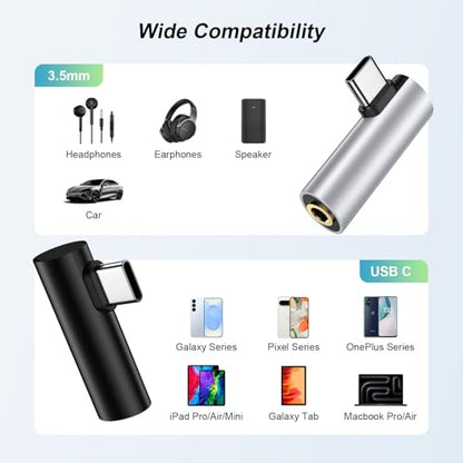 Samsung S25 USB C Headphone Adapter USB C to 3.5mm Audio Adapter for Samsung Galaxy S25FE/A16/A36/A56/S25 Ultra/S24FE/S23/S22, iPhone 17/16, HiFi Right Angle Female Headphone Jack Dongle Aux Adapter - color: black silver