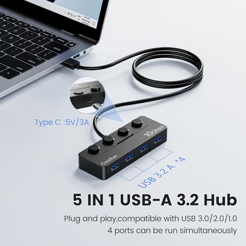 Qeefun 4-Port USB 3.2 Hub, Individual LED Power Switches, 10Gbps Data Transfer USB 3.2 Gen 2 Splitter with 4ft Extension Cable, Multiple USB Extender for Laptop, PC, iMac, USB Flash Drives and More - style: A to 4A 3.2