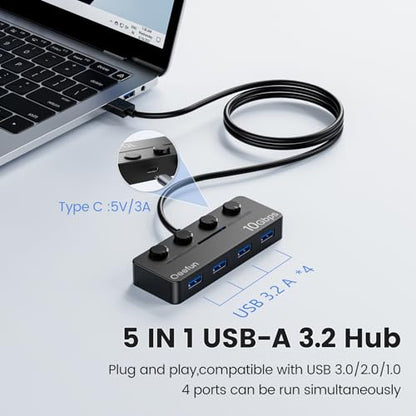 Qeefun 4-Port USB 3.2 Hub, Individual LED Power Switches, 10Gbps Data Transfer USB 3.2 Gen 2 Splitter with 4ft Extension Cable, Multiple USB Extender for Laptop, PC, iMac, USB Flash Drives and More - style: A to 4A 3.2