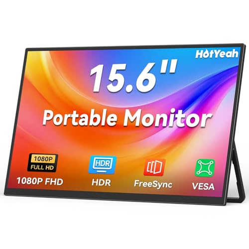 HotYeah Portable Monitor, 15.6-in 1080P FHD USB-C HDMI Laptop Monitor | HDR FreeSync IPS External Computer Display w/Kickstand & Speaker, 2nd Screen for Laptop PC Mac Phone Tablet Switch PS5 Xbox - size: 15.6