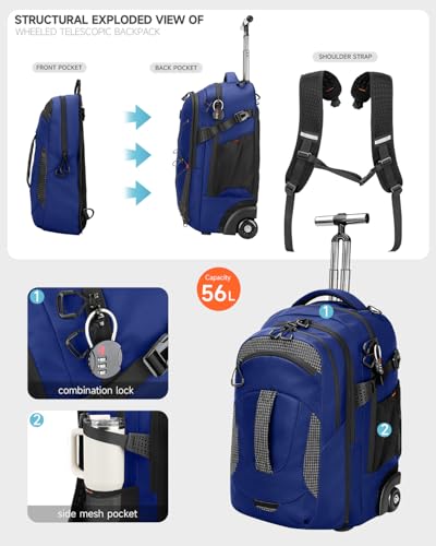 2-in-1 Detachable Backpack with wheels,56L Large rolling backpack-Splits into Daypack & Laptop Backpack Fits 17 Inch Laptop,Water Resistant Luggage suitcase,Air Travel,Weekend Trips - color: Blue