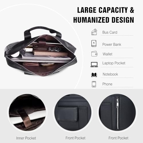 FANDARE Laptop Tote Bag for Men Full Grain Leather Briefcase Business Tote Messenger Handbag - color: Black