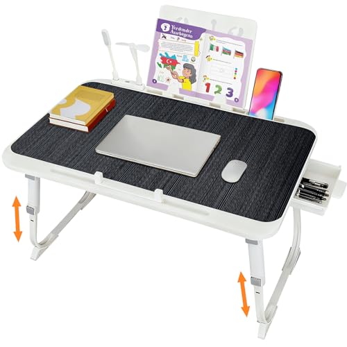 Laptop Desk for Bed, Adjustable Height Laptop Bed Table, Foldable Lap Desk with USB Charge Port, Desktop Card Slot, Side Drawer, Book Shelf, Portable Lap Tray for Eating Reading Working Sofa & Floor - color: Matte Black