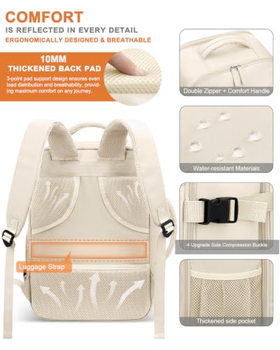 Capolo Travel Laptop Backpack Women Carry On Backpack Weekender Travel Bag | 25L Flight Approved,Waterproof Overnight Bag,College Bookbag,Work,3-4 Day Travel,Fits 17" Laptop (Large,Beige) - color: Beige, size: Large