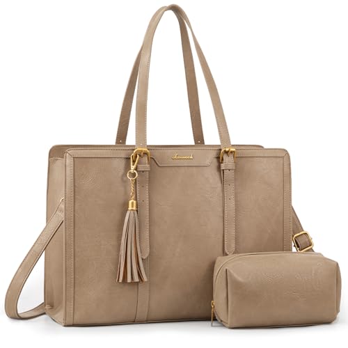LOVEVOOK Laptop Bag for Women Vintage Leather Work Tote 15.6 inch Large Capacity Computer bag with Clutch Purse for Office, Travel, School, Casual - color: Earthy, size: 15.6 inch