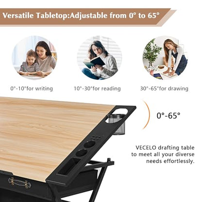 VECELO Drafting Table Art Desk Art Table Adjustable Drawing Table Tilted Tabletop with 2 Storage Drawers and Stool, Drawing Desk for Artist Painters Drawing, Crafting, Reading, Writing, Natural - color: Natural