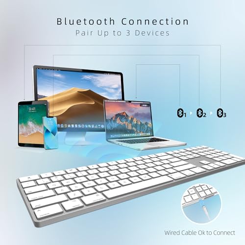 Bluetooth Slim Keyboard for Mac, Aluminum Rechargeable Keyboard Wireless, Low-Profile Silent Flat Key Compatible with Apple iMac, MacBook, Mac and iOS, Full Size - Silver White - color: Silver white