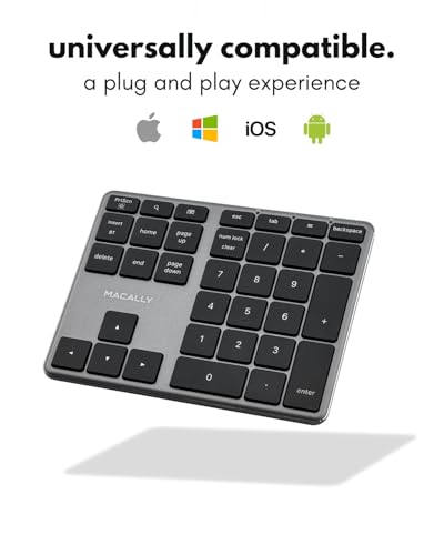 Macally Bluetooth Number Pad for Laptop - Slim Aluminum Design - Rechargeable Wireless Numeric Keypad - 35 Key Numpad Keyboard for Data Entry - for Mac, MacBook Pro/Air, iPad, iPhone, iOS, PC, Android - color: Space Gray