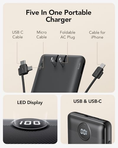 VRURC Portable Charger, Power Bank Built-in Cables and AC Wall Plug | USB C Portable Bank 10000mAh,Travel Essentials Phone Charger Compact External Battery Pack for Smart Phones,Tablets-Black - color: Black