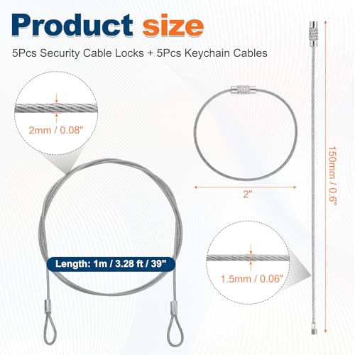 5 Set Double Loop Security Cable Lock (3.28 ft X0.08'') + Keychain Cable, Silver - color: Silver, size: 3.28 ft x 0.08 Inch