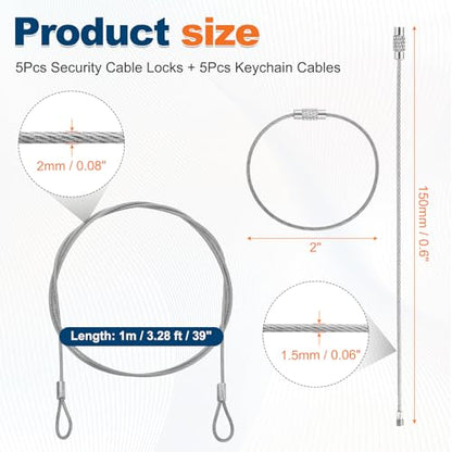 5 Set Double Loop Security Cable Lock (3.28 ft X0.08'') + Keychain Cable, Silver - color: Silver, size: 3.28 ft x 0.08 Inch