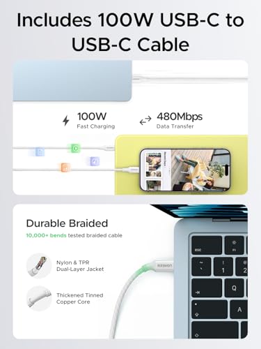 UGREEN Nexode Air 65W USB C Charger, Foldable Mini Charger Block Fast Charging with USB C Cable, GaN Charger for MacBook Air/Neo/Pro, iPhone 17 16, Galaxy S26/S25, iPad, White - color: White