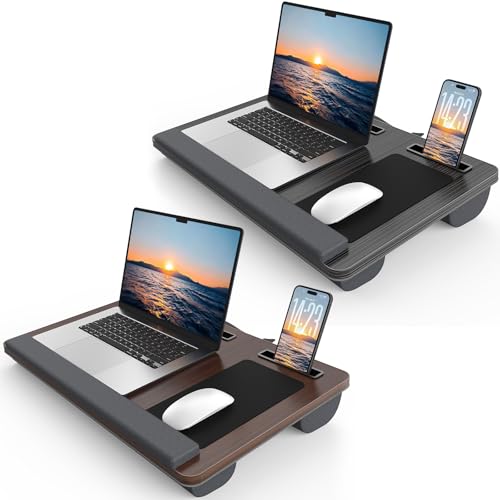 Lap Desk 2-Pack - Up to 17” Laptop with Wrist Rest, Portable Handle, 2 Self-Adhesive PVC Mouse Pads, Tablet & Phone Slots, Laptop Stand for Bed with Cushion