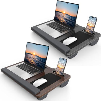 Lap Desk 2-Pack - Up to 17” Laptop with Wrist Rest, Portable Handle, 2 Self-Adhesive PVC Mouse Pads, Tablet & Phone Slots, Laptop Stand for Bed with Cushion