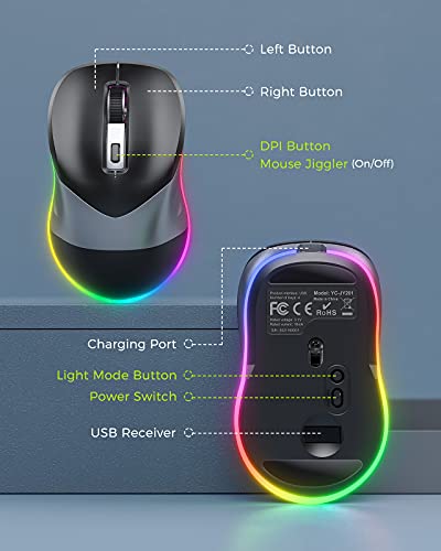 PEIOUS Wireless Mouse, Jiggler Mouse for Laptop - LED Mouse Rechargeable Computer Mice Mouse Mover Undetectable Random Movement with On/Off Button Keeps Computer Awake - Black&Grey | 2-in-1 rechargeable LED mouse with jiggler mode, random movement, On/Off