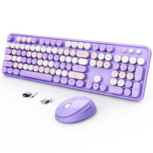 SkyGive Wireless Keyboard and Mouse Combo, Ergonomic Full Size Typewriter Retro Round Keycaps Keyboard, Compatible with Windows, PC, Perfer for Home and Office Keyboards (Lavender Purple - color: Lavender Purple