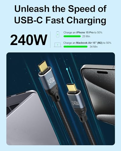 USB C to USB C Cable (240W, 6.6ft) Gold-Plated Fast Charging Cable for iPhone15/15Pro/15Plus/15ProMax, iPad Pro 2020, iPad Air 4, Samsung Galaxy S23+/S23 - High-Speed Data Transmission
