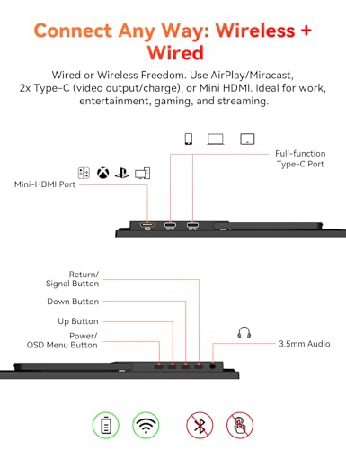 15.6“ Wireless Portable Monitor Battery-Powered, Support AirPlay Miracast, 1080P FHD USB-C HDMI External Computer Display, Second Screen for Laptop MacBook PC Phone Tablet, w/Built-in Battery(4- 5H) - size: 15.6"