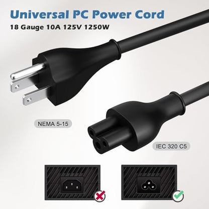 Elecan Mickey Mouse Replacement Laptop Power Cord 6 Ft, Seamless 5-15P to IEC 320 C5 3-Prong Universal AC Printer Cable for PC Notebook Charger Dell HP LG TV Monitor, 18AWG 125V, ETL+ Organizer - size: 6FT, style: Straight to Straight