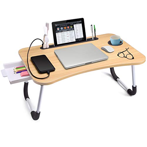 Slendor Bed Desk for Laptop and Writing with Storage, Cup Holder, Light | Fan, Pen Holder,Tablet Holder,Foldable, for Bed, Couch, Floor, Portable,Walnut - color: Brown