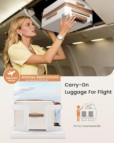 LOVEVOOK Hardside Carry On Luggage 22x14x9 Airline Approved, Small Suitcase | 20 Inch Hard Shell with 3 Multiple Handles, Silent 360° Spinner Wheels With TSA Lock for Trip - color: White&Brown