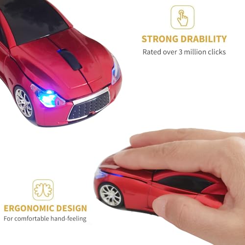 Car Mouse for Computer, Wireless Car Shaped Mice for Laptop, PC, Mini Cute Mouse with 2.4Ghz USB Receiver, 3D, 1600DPI, Silent Clicks, LED Headlights (Red) - color: Y-Red