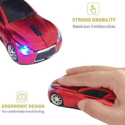 Car Mouse for Computer, Wireless Car Shaped Mice for Laptop, PC, Mini Cute Mouse with 2.4Ghz USB Receiver, 3D, 1600DPI, Silent Clicks, LED Headlights (Red) - color: Y-Red