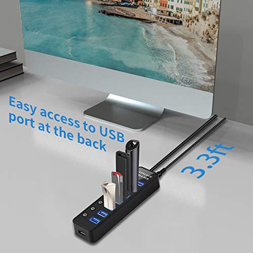 Powered USB Hub 3.0 Extender, Multiple Port Hub Splitter for Laptop PC with Power Adapter and Charging Port, USB Expander with On/Off Switches for MacBook, iMac, Surface Pro
