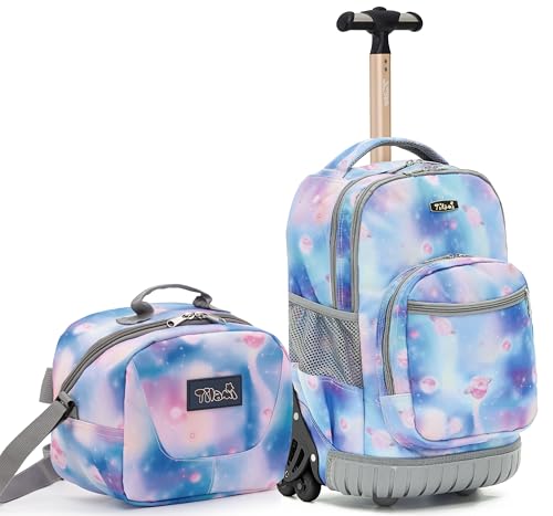 NEW TILAMI 18 Inch Rolling Backpack with Lunch Bag for Girls Boys School | 6-Wheel Stair-Climbing Girls Boys Carry-on Suitcase Water-Resistant Adjustable Trolley Handle Wheels School Travel Camping - color: Blue Planet