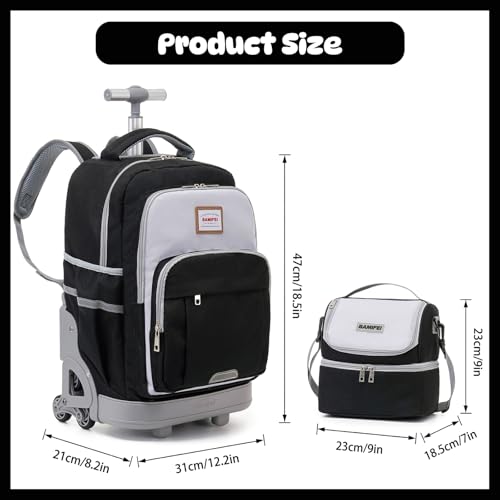 18 Inch Black Rolling Backpack for Kids, Black Climb Stairs Rolling Backpack Carry On Wheeled School Backpack, Spacious Multiple Compartments Quiet Wheels Travel Backpack for Boys
