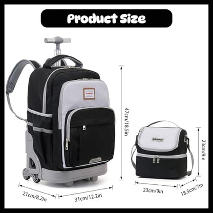 18 Inch Black Rolling Backpack for Kids, Black Climb Stairs Rolling Backpack Carry On Wheeled School Backpack, Spacious Multiple Compartments Quiet Wheels Travel Backpack for Boys
