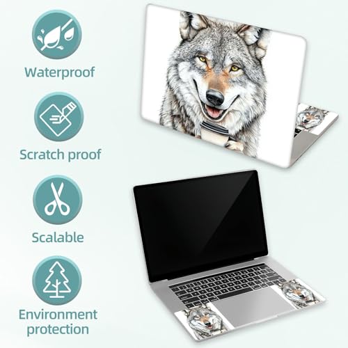 Universal Laptop Skin Decal, 3-Piece Vinyl Protector for 12 13 14 15.6" Notebook, Waterproof Anti-Scratch, Easy Trim & Bubble-Free Finish, Smiling Wolf Holding Coffee - color: Smiling Wolf Holding Coffee