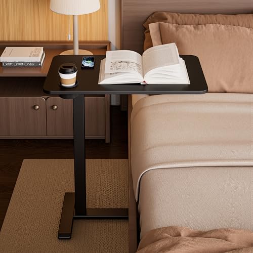 BIZUM Adjustable Bedside Table with Swivel Hidden Wheels Pneumatic Rolling Desk Mobile Standing Desk with Cup Holder for Hospital Home(27.6"x15.8" Black) - color: Black, size: 27.6"x15.8"