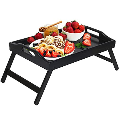 Bed Tray Folding Legs with Handles Breakfast Food Tray Table for Sofa Eating,Drawing,Platters Bamboo Serving Lap Desk Snack Tray - color: Black