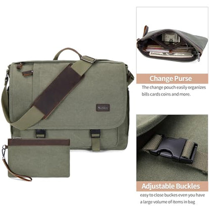 Nerlion Messenger Bag for Men 17-17.3 Inch Laptop Bag Canvas Water-resistant Computer Bag Shoulder Bag Work Briefcase Bookbag for College (Green) - color: Green