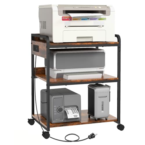 Livofloral 3 Tier Large Printer Stand with Wheels, 25.2 x 18.9 Inch Printer Stand with Power Outlet USB Port, Printer Table with Adjustable Storage Shelf for Home Office, Rustic Brown - color: Brown
