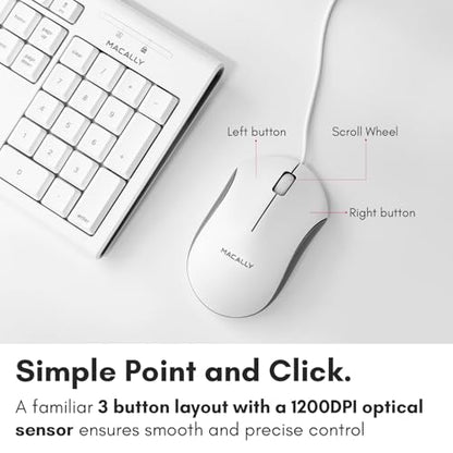 Macally Full Size USB Wired Mac Keyboard and Mouse Combo - Compatible Ergonomic Apple Keyboard and Mouse with Shortcuts and Number Keypad for Mac mini Pro, iMac Computer, MacBook Pro Air Laptops
