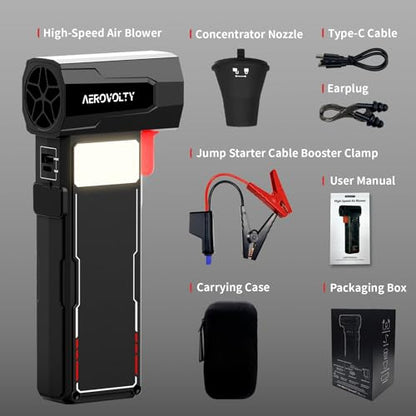4-in-1 Car Dryer Air Blower with 3LB Thrust, 100K RPM Turbo Jet Blower | Car Wash Drying, Light Cleanup, 2000A Jump Starter, 15000mAh Power Bank, 400lm 3-Mode LED, 2lb Body, Safety Clamps, Case
