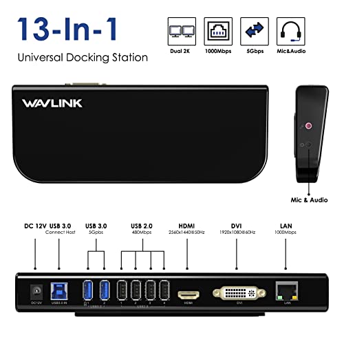 WAVLINK USB Laptop Docking Station Dual Monitors, DisplayLink Laptop Dock for M1-M5 Mac/MacBook Neo, Windows, ChromeOS(HDMI & HDMI/DVI, 6xUSB Ports, LAN, Audio) - color: Black
