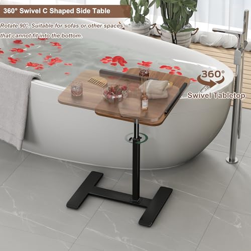 Adjustable Height C Shaped Side Table,360°Swivel Overbed Table,Top Tilting Laptop Stand Table with Hidden Wheels,Mobile Couch End Tables that Slide under,Rolling TV Coffee Table for Sofa/Bed(walnut) - color: Walnut