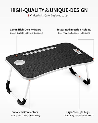 FISYOD Foldable Laptop Table, Portable Lap Desk Bed Table Tray, Laptop Stand with Cup Holder & Tablet Slot & Lifting Handle for Working Writing Drawing & Eating (Black) - color: Black