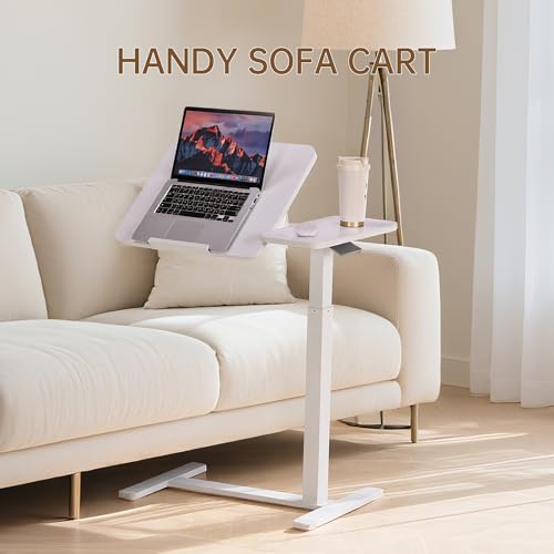 Adjustable Tilt Overbed Table with Hidden Wheels, Mobile Standing Laptop Desk, Portable Pneumatic Computer Cart, Rolling Medical Bed Side Table for Hospital and Home Use, White
