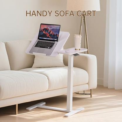 Adjustable Tilt Overbed Table with Hidden Wheels, Mobile Standing Laptop Desk, Portable Pneumatic Computer Cart, Rolling Medical Bed Side Table for Hospital and Home Use, White