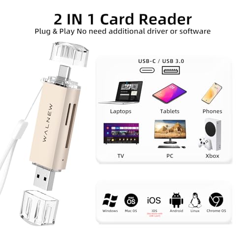 WALNEW SD Card Reader, USB 3.0 & USB-C SD/TF Memory Card Adapter | Supports UHS-I SD/SDHC/SDXC/MicroSD, Compatible with MacBook, PC, iPad, iPhone 15, Samsung Galaxy Android - color: Starlight