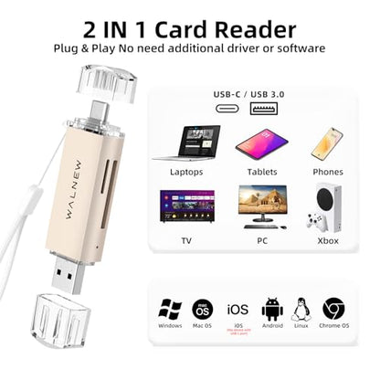 WALNEW SD Card Reader, USB 3.0 & USB-C SD/TF Memory Card Adapter | Supports UHS-I SD/SDHC/SDXC/MicroSD, Compatible with MacBook, PC, iPad, iPhone 15, Samsung Galaxy Android - color: Starlight