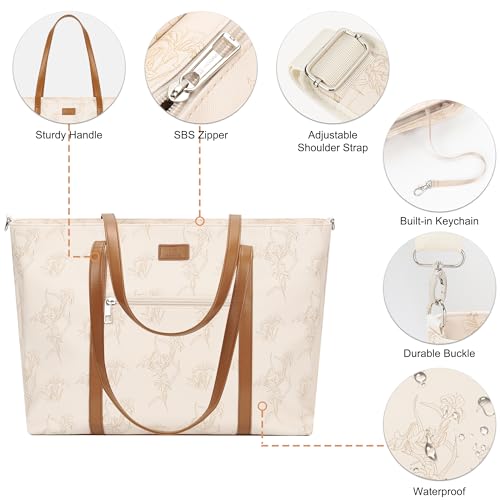 Laptop Bag for Women 17 Inch, Leather Laptop Tote Bag Waterproof Computer Bag Office Work Bag Business Briefcase with Compartment&Shoulder Straps (A3-Beige/Brown Flower, 17.3 inch) - color: A3-beige/Brown Flower